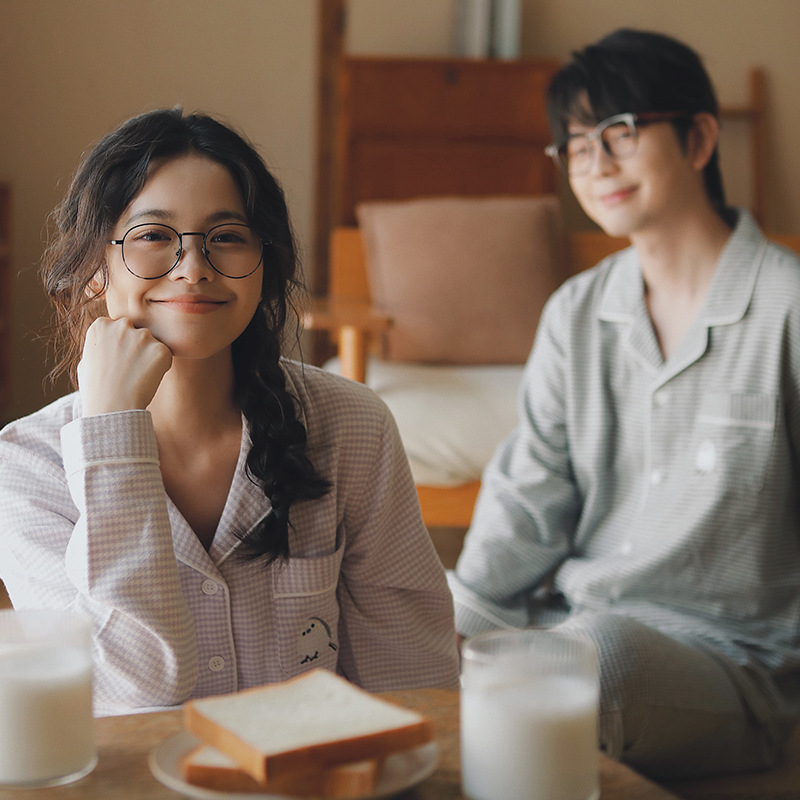 日系新款秋冬季纯棉磨毛女士睡衣情侣纯棉无印家居服套装男大码