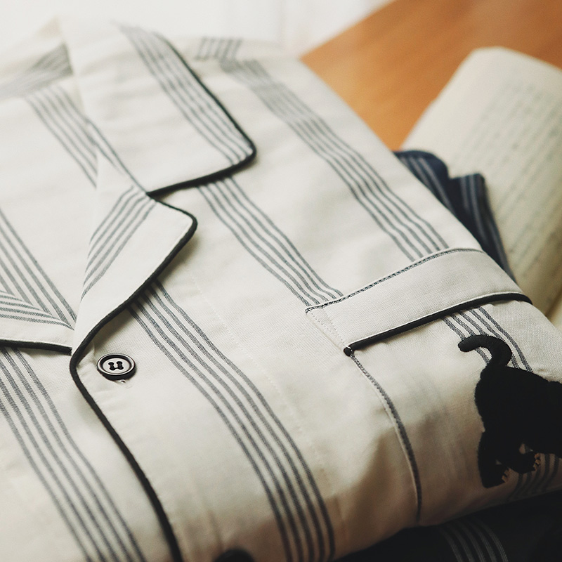 2025新款情侣睡衣女春秋款纯棉纱布条纹刺绣家居服全棉套装男