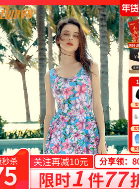 热浪泳衣ins印花遮肚显瘦聚拢保守泳装连体裙式大码温泉游泳衣女