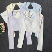 带胸垫瑜伽服女网纱拼接修身 显瘦固定罩杯普拉提训练上衣健身跑步