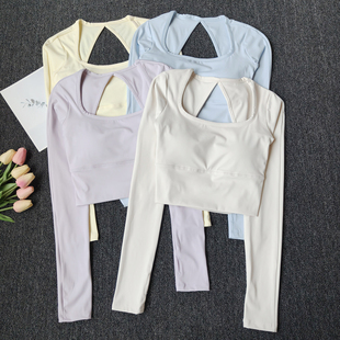 带胸垫瑜伽服女网纱拼接修身 显瘦固定罩杯普拉提训练上衣健身跑步