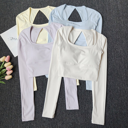 带胸垫瑜伽服女网纱拼接修身显瘦固定罩杯普拉提训练上衣健身跑步