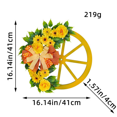 纵鸿春季黄花车轮花环2024跨境热卖蝴蝶结花环创意木轮装饰花