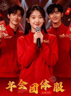 年会红色厚棉T定制印logo秋冬公司团体团建工作服元旦晚会连帽班