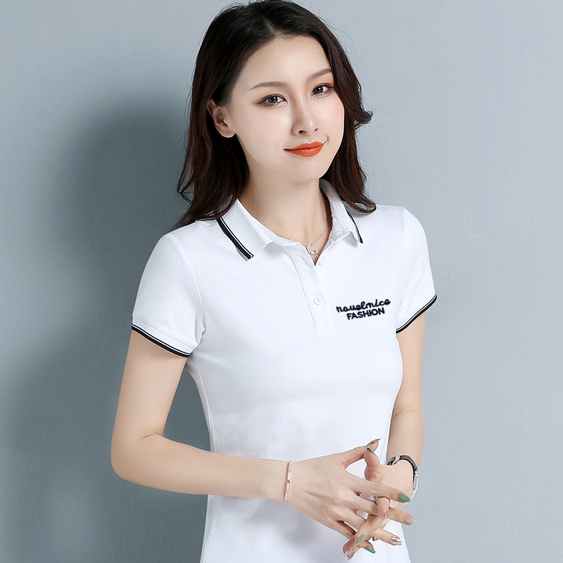 白色翻领t恤女运动体恤有领短袖polo衫女上衣夏季纯色保罗衫纯棉