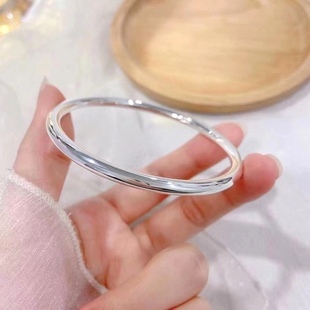 999纯银手镯实心素圈圆肚亮面闭口足银手镯女学生小众年轻款礼物