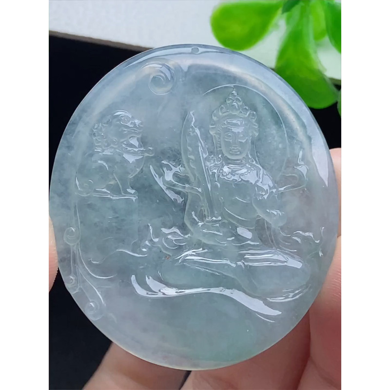 缅甸天然A货玉石翡翠 老坑冰种 手工精雕 观音牌吊坠