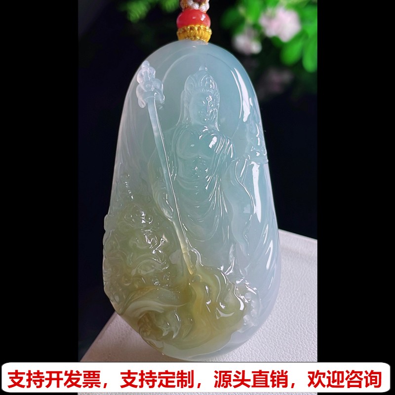 缅甸天然A货玉石翡翠挂件 精雕老坑冰种飘黄翡文殊菩萨吊坠