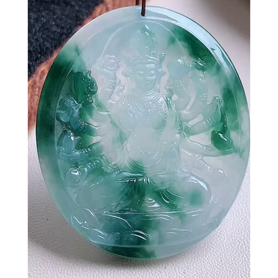 缅甸天然A货玉石翡翠 老坑冰种飘花千手观音吊坠