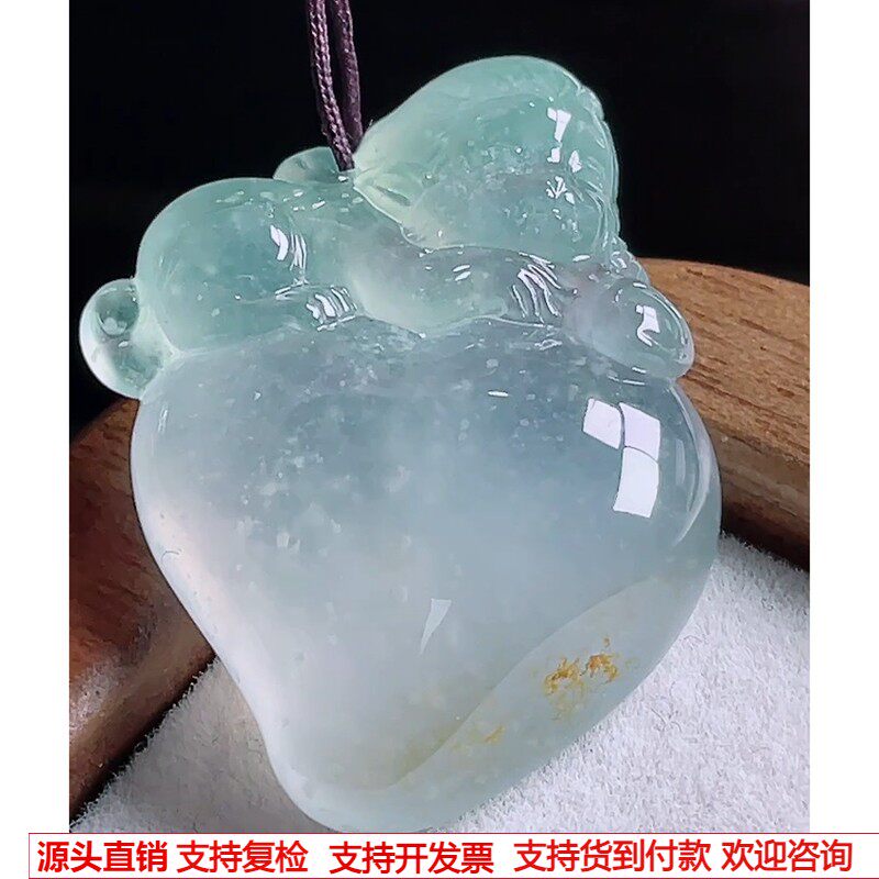 缅甸天然A货玉石翡翠 老坑冰种木那雪花棉灵猴抱桃吊坠