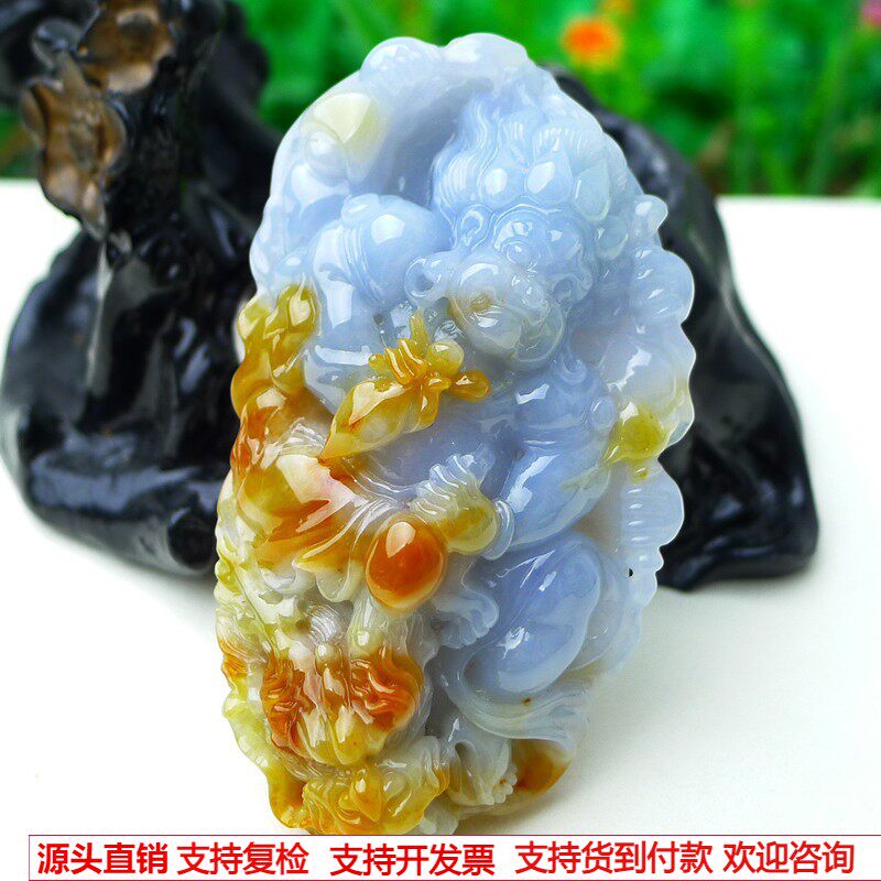 缅甸天然A货玉石翡翠 老坑冰种手工精雕紫罗兰飘黄翡不动明王吊坠