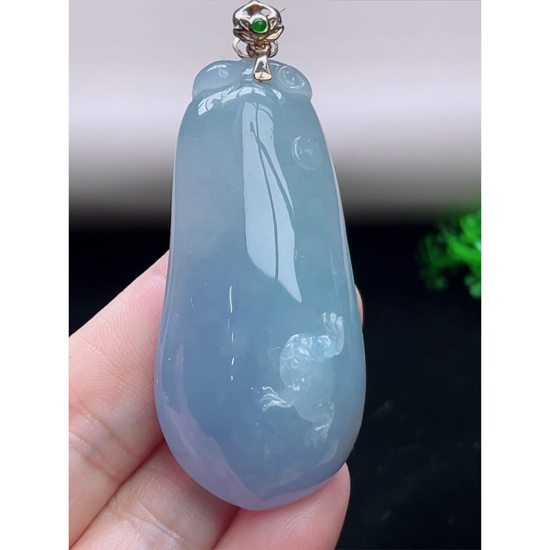 缅甸天然A货玉石翡翠挂件 精雕老坑冰种金扣紫罗兰福瓜吊坠
