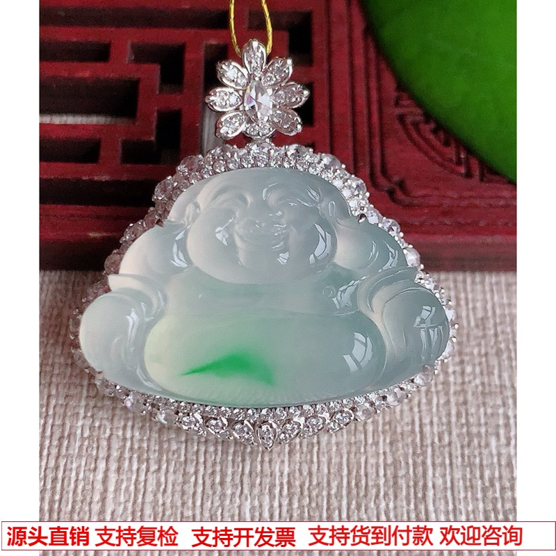 缅甸天然A货玉石翡翠 老坑冰种18K金伴钻镶嵌飘绿佛公吊坠