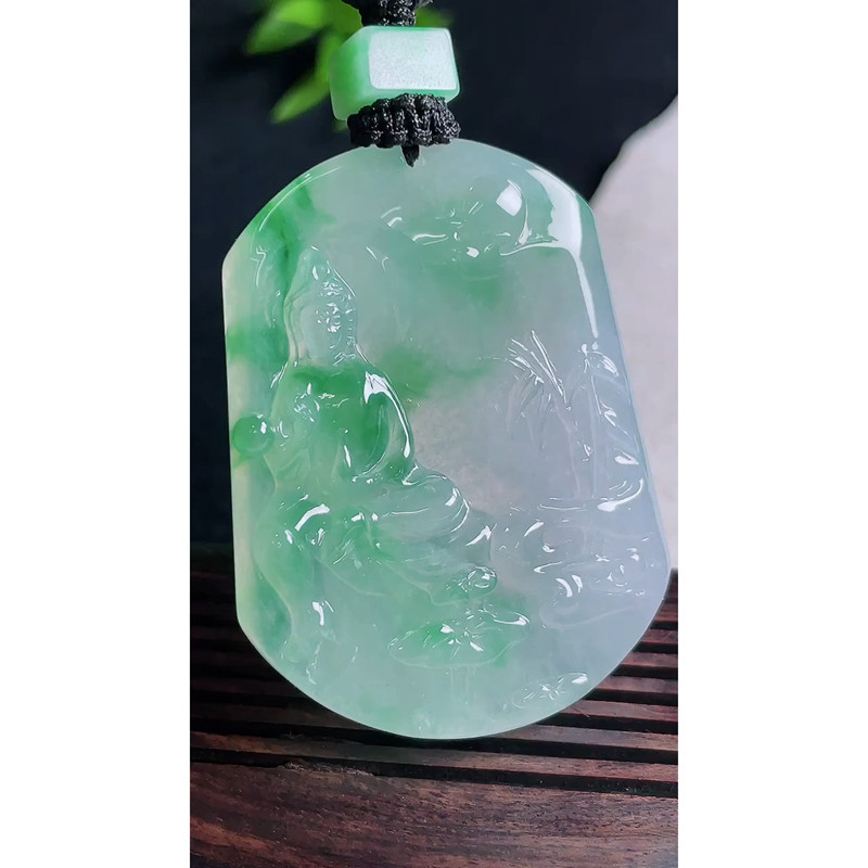 缅甸天然A货玉石翡翠 老坑冰种 手工精雕 飘阳绿竹林观音吊坠