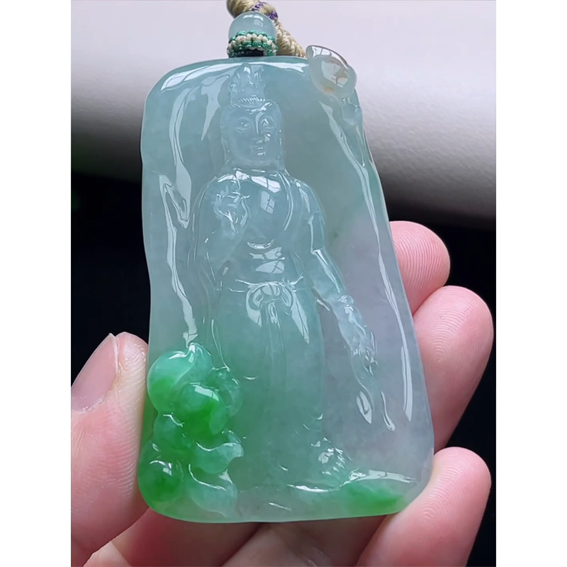 缅甸天然A货玉石翡翠挂件 精雕老坑冰种飘阳绿观音牌吊坠
