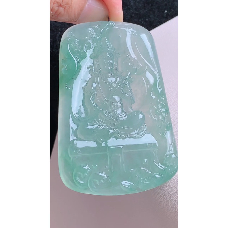 缅甸天然A货玉石翡翠 老坑冰种冰晴大势至菩萨吊坠