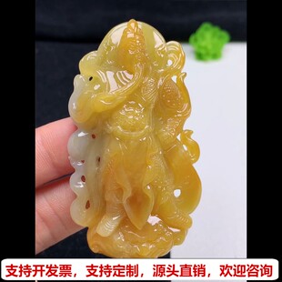 缅甸天然A货玉石翡翠挂件 精雕老坑冰种黄翡关公吊坠