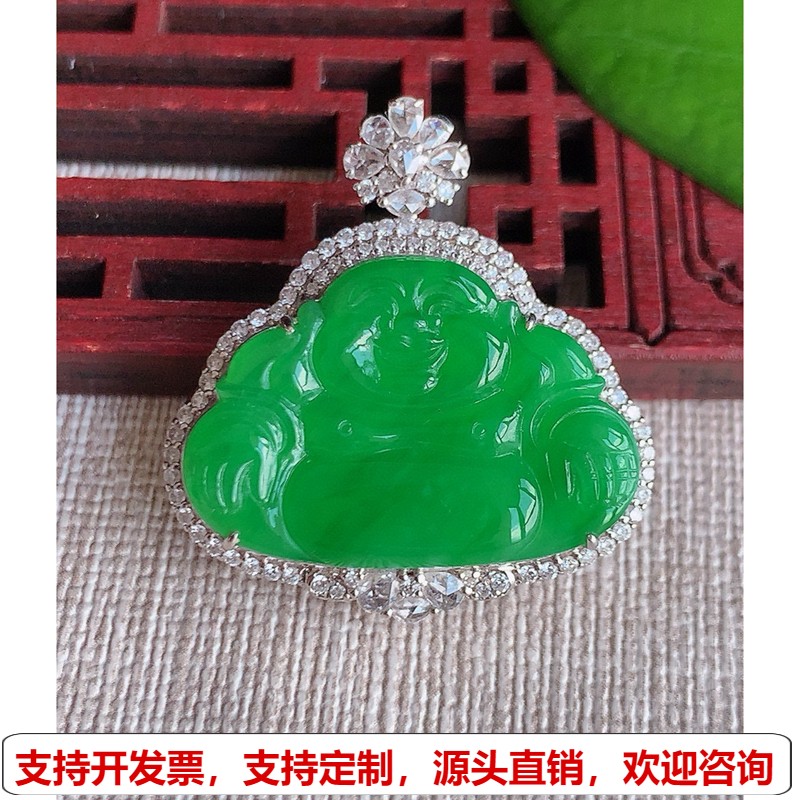 缅甸天然A货玉石翡翠 老坑冰种18K金伴钻镶嵌阳绿佛公吊坠