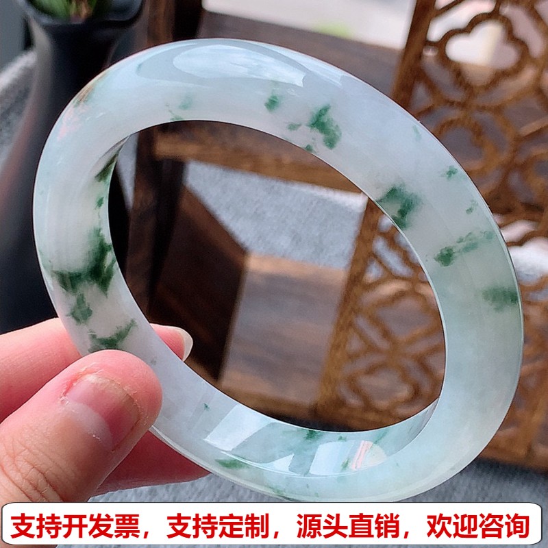 缅甸A货天然翡翠 老坑冰种飘花正装正圈手镯62-63大圈口
