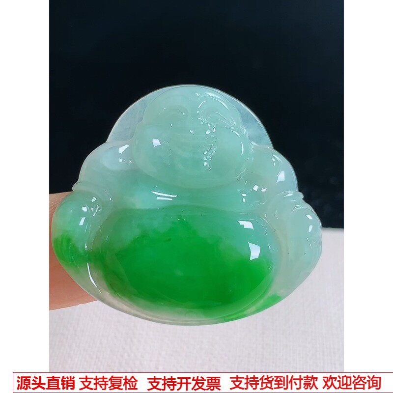 缅甸天然A货玉石翡翠 老坑冰种手工精雕阳绿佛公吊坠