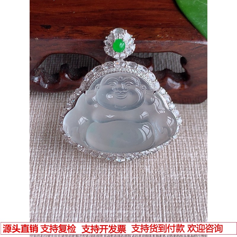 缅甸天然A货玉石翡翠 老坑玻璃种18K金伴钻镶嵌白月光佛公 吊坠