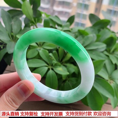 缅甸A货翡翠老坑冰种白底青飘阳绿厚装正装正圈手镯58-59圈口完美