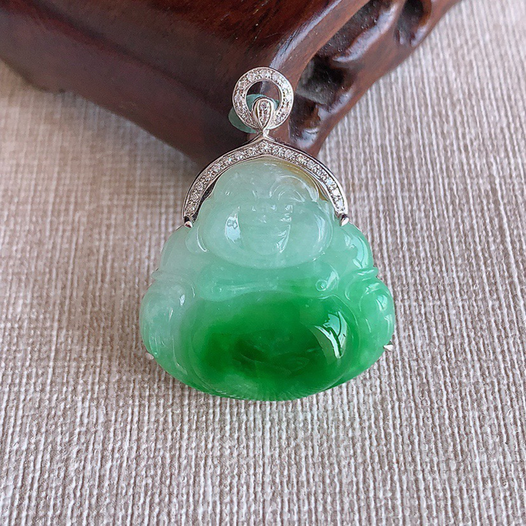 缅甸天然A货玉石翡翠 老坑冰种 手工精雕18K金伴钻黄加绿佛公吊坠