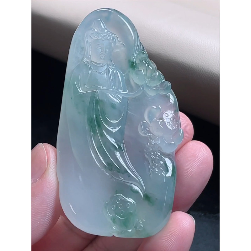 缅甸天然A货玉石翡翠挂件 精雕老坑冰种飘花大势至菩萨吊坠