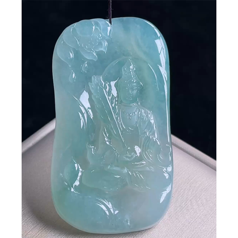 缅甸天然A货玉石翡翠 老坑冰种文殊菩萨吊坠