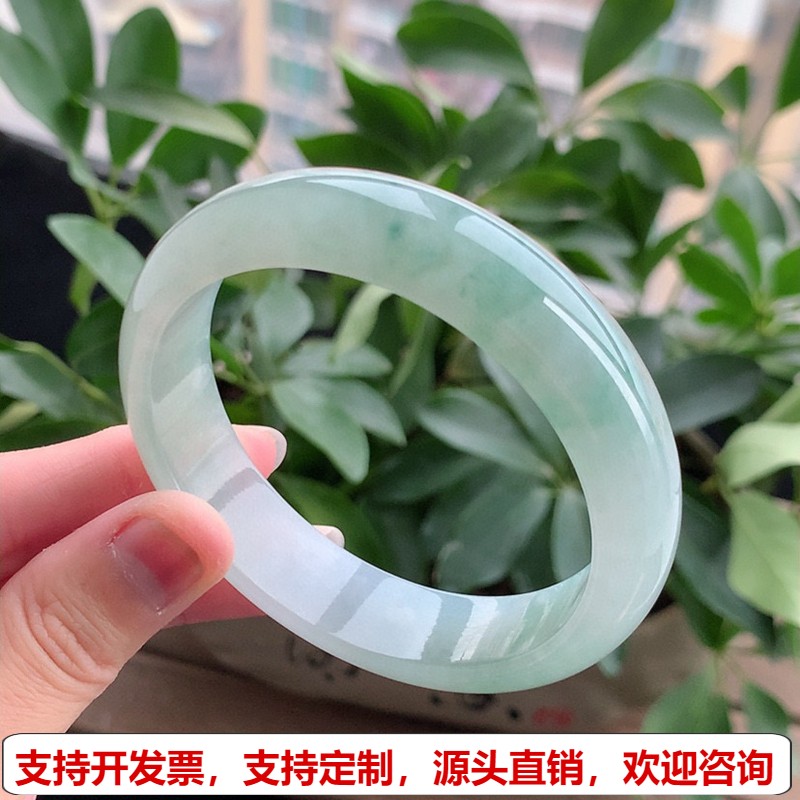 缅甸A货天然翡翠 老坑冰种飘花宽边正装正圈手镯59-60大圈口 完美