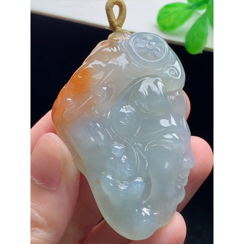 缅甸天然A货玉石翡翠 老坑冰种 手工精雕 飘红翡悟道吊坠