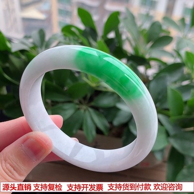 缅甸A货天然翡翠 老坑冰种白底青飘阳绿正装正圈手镯56-57圈口