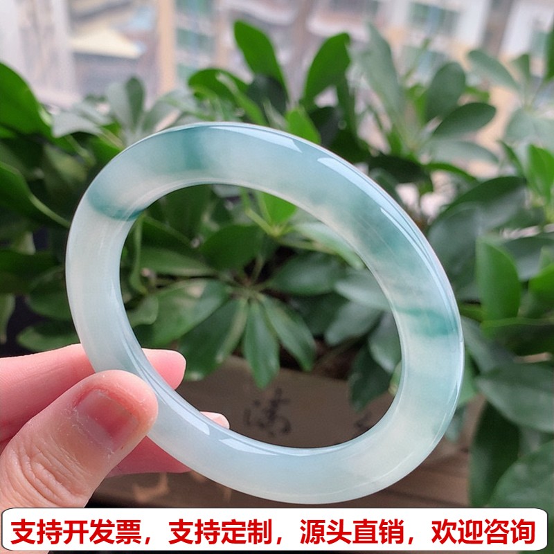 缅甸A货天然翡翠 老坑冰种飘花圆条手镯57-58圈口