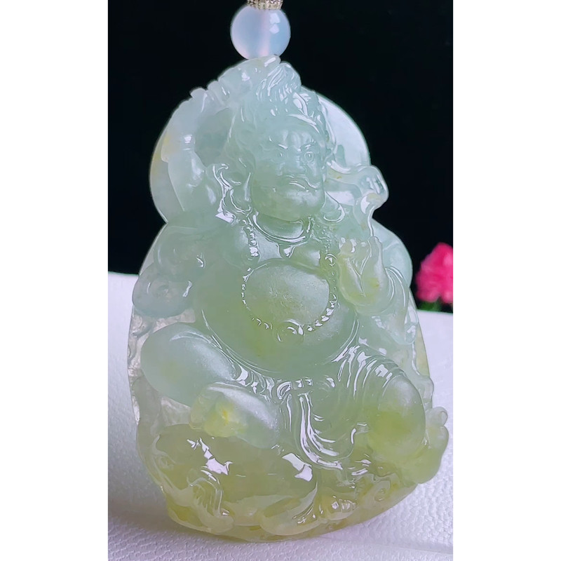 缅甸天然A货玉石翡翠挂件 精雕老坑冰种黄翡不动明王吊坠