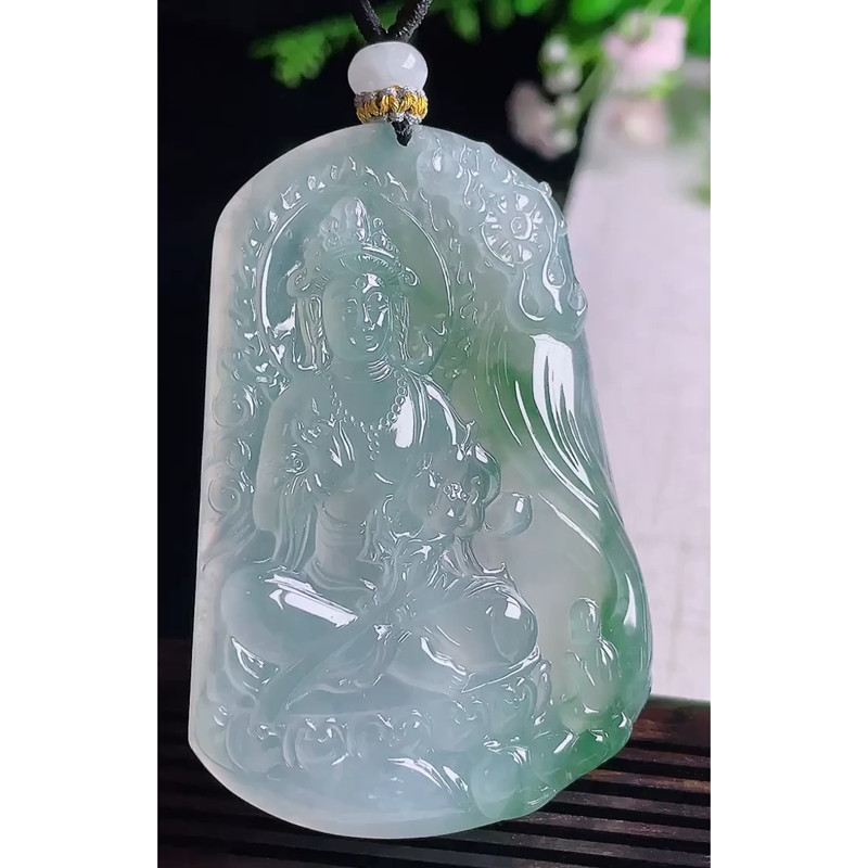 缘满家珠宝 缅甸天然A货玉石翡翠 老坑冰种飘花大势至菩萨吊坠