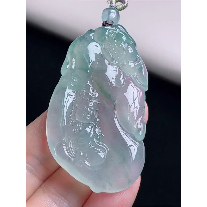 缅甸天然A货玉石翡翠 老坑冰种飘花观音牌吊坠