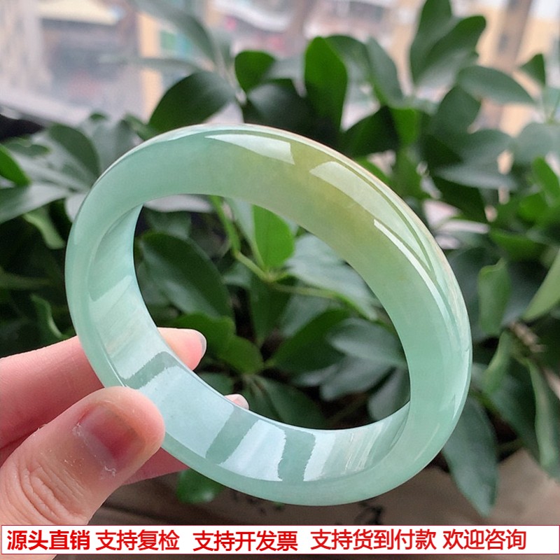 缅甸天然A货翡翠老坑冰种飘黄翡宽边厚装正圈手镯60-61大圈口