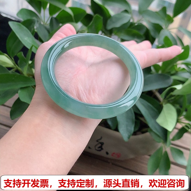 缅甸A货天然翡翠 老坑冰种晴水圆条手镯56-57圈口 完美
