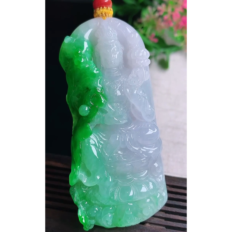 缅甸天然A货玉石翡翠 老坑冰种辣阳绿观音吊坠