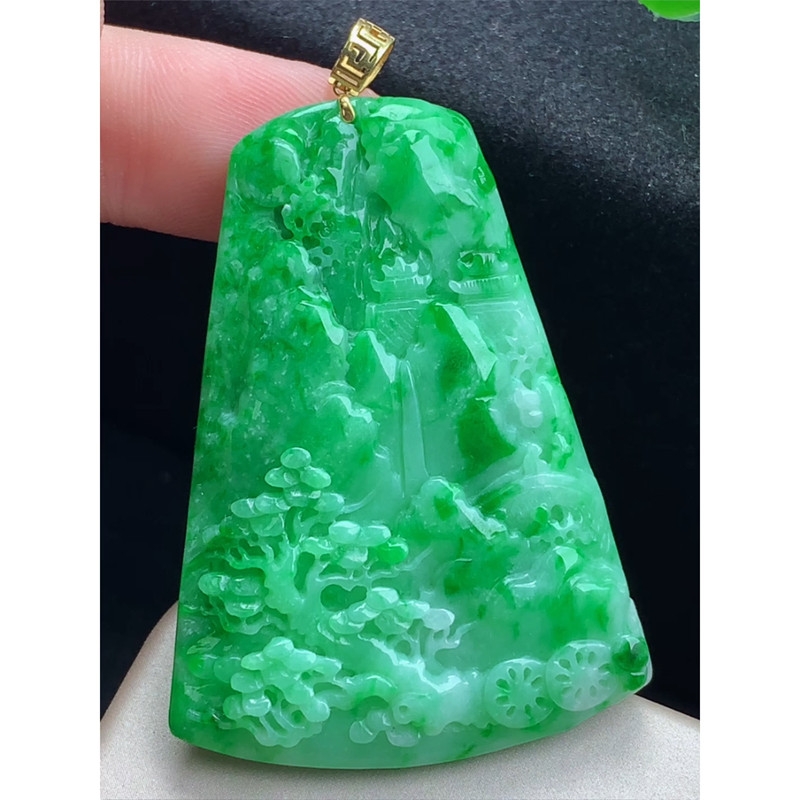 缅甸天然A货玉石翡翠老坑冰种手工精雕18k金扣镶嵌飘绿山水牌吊坠
