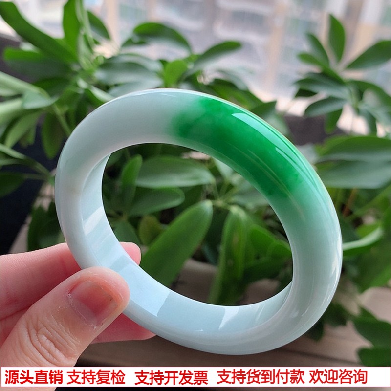 缅甸A货天然翡翠老坑冰种白底青飘阳绿厚装正装正圈手镯56-57圈口
