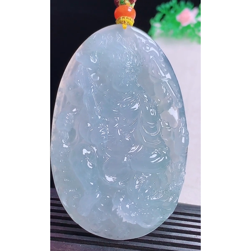 缅甸天然A货玉石翡翠 老坑冰种紫祥龙不动明王吊坠