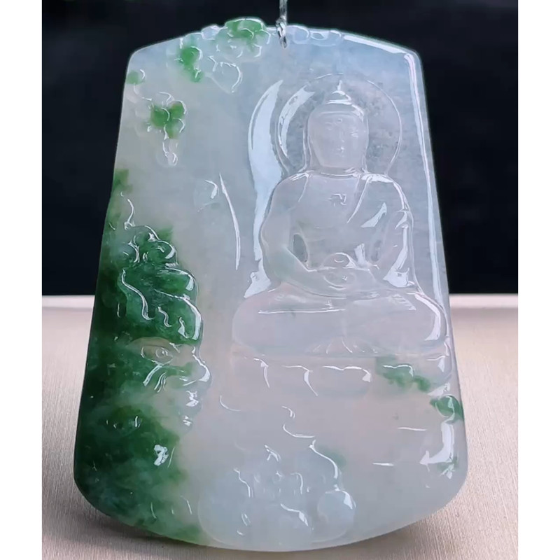 缅甸天然A货玉石翡翠 老坑冰种飘花大日如来吊坠