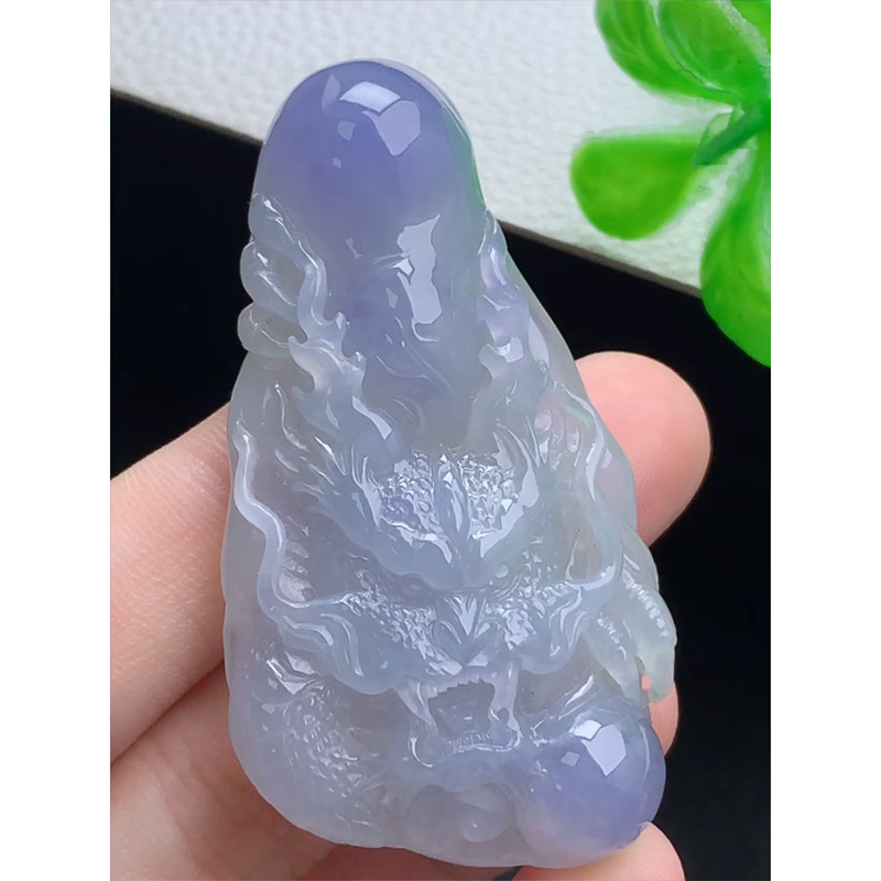 缅甸天然A货玉石翡翠 老坑冰种 手工精雕 紫罗兰龙牌吊坠