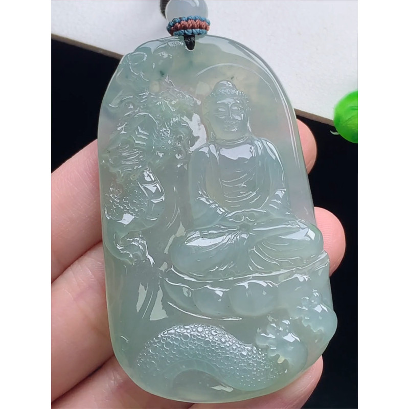 缅甸天然A货玉石翡翠 老坑冰种手工精雕飘花大日如来牌吊坠