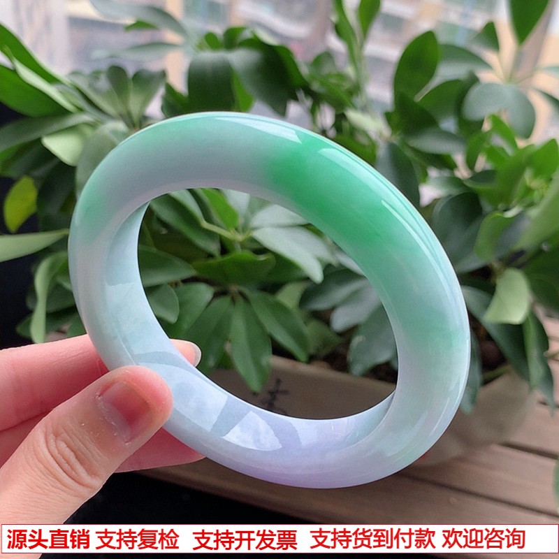 缅甸天然A货翡翠老坑冰春彩紫绿宽边厚装正圈手镯64-65大圈口