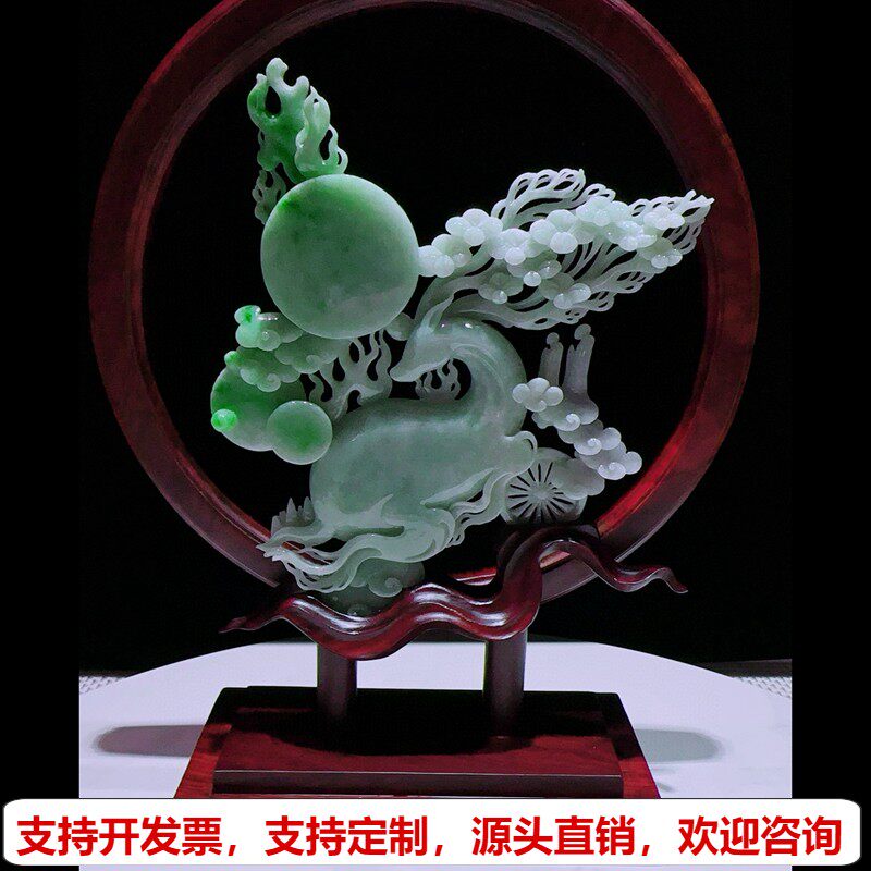 缅甸天然A货玉石翡翠孤品 精雕老坑鹿鸣蝉音飘绿鹿鸣蝉音摆件