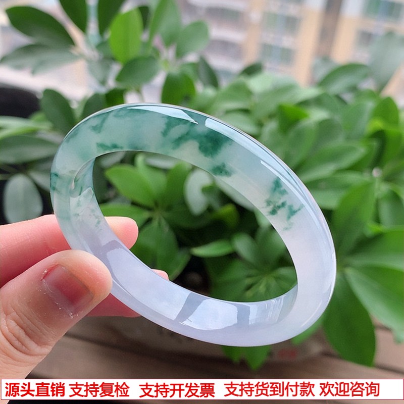 缅甸A货天然翡翠 老坑冰种飘花半山半水贵妃手镯54-55圈口