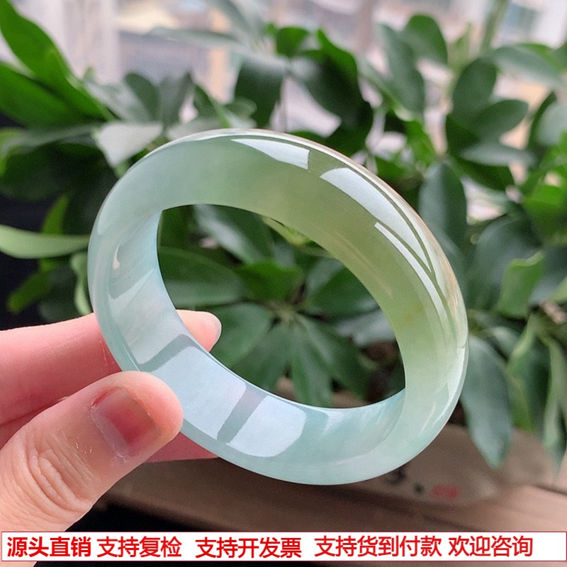 缅甸天然A货翡翠老坑冰种飘黄翡轮胎边宽边正圈手镯53-54圈口