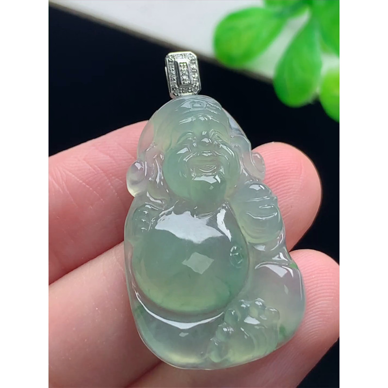 缅甸天然A货玉石翡翠 老坑冰种手工精雕18k白金扣镶嵌 财神吊坠